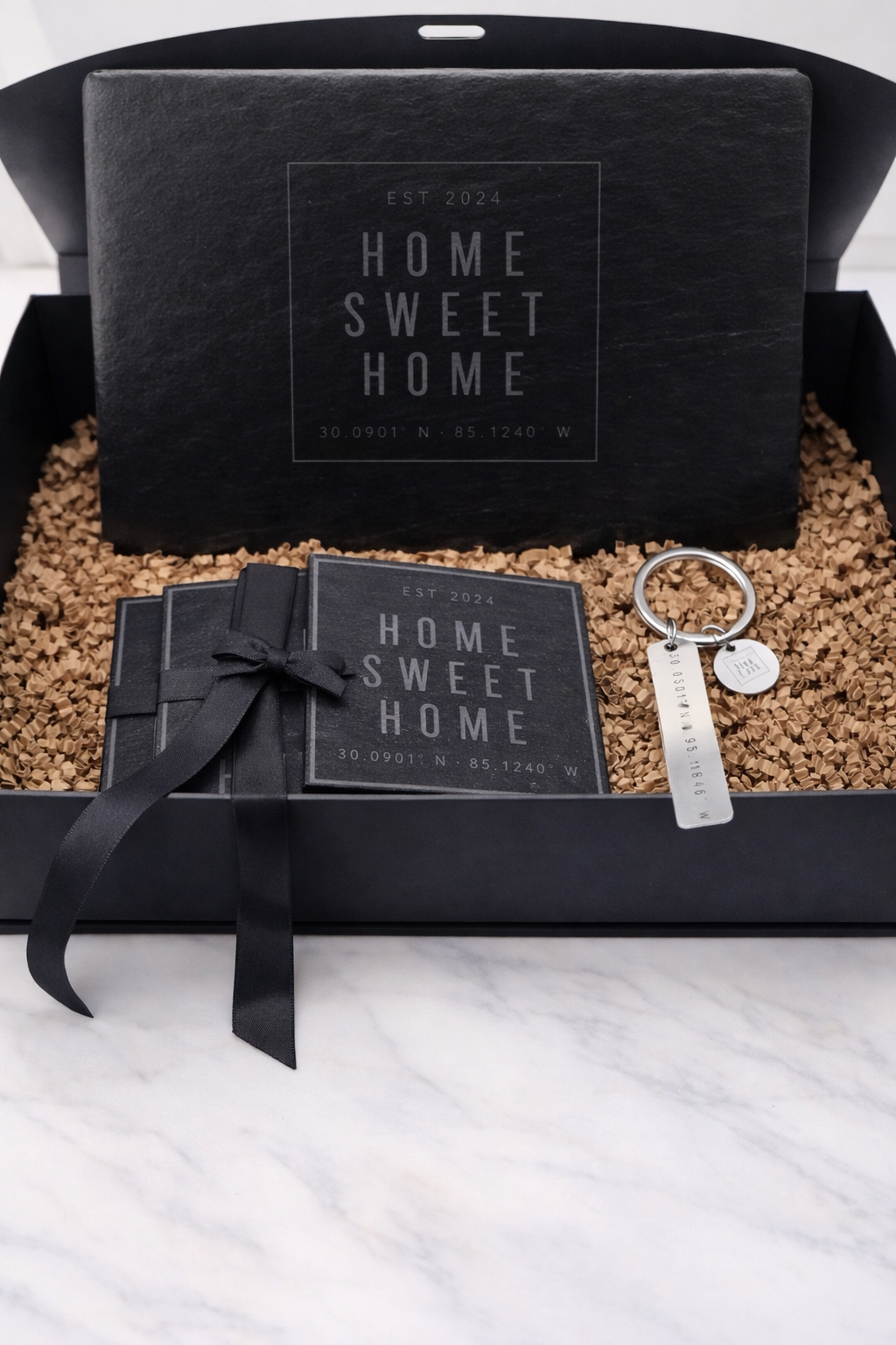 Personalized Slate Coasters & Matching Charcuterie Board, and Keychain