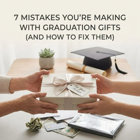 Hands exchanging a wrapped graduation gift with tag saying 'For Your Future' on a wooden table with graduation cap, diploma, money, and gift card