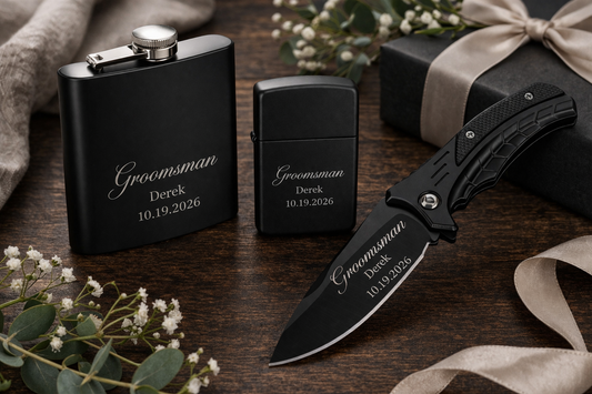 Personalized Groomsmen Gift Set – Engraved Flask, Knife & Lighter