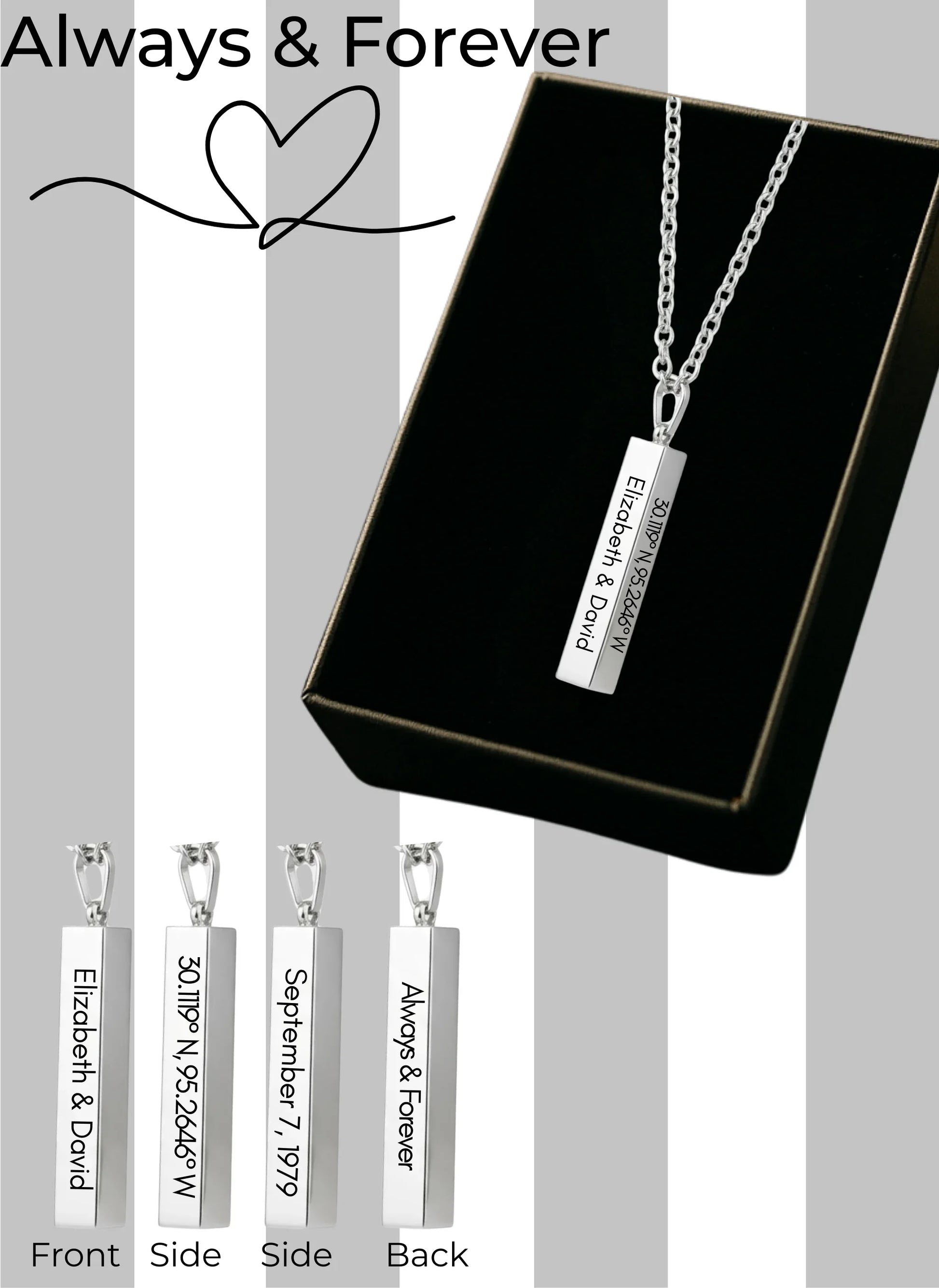 Silver bar necklace with custom engraving including names, coordinates, date, and Always & Forever text