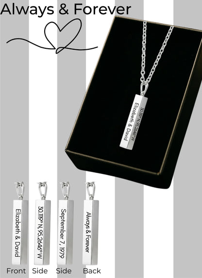 Silver bar necklace with custom engraving including names, coordinates, date, and Always & Forever text