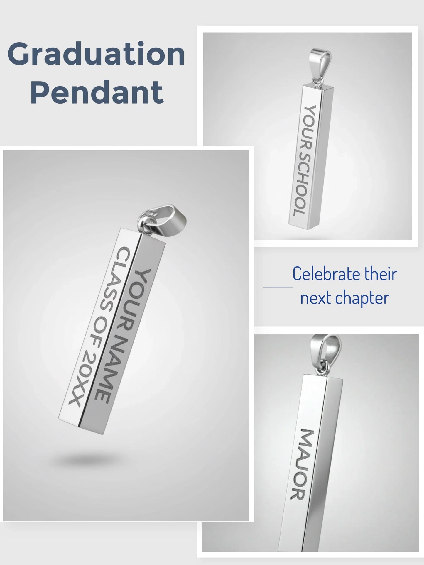Customizable silver graduation pendant with engravings for name, school, class year, and major