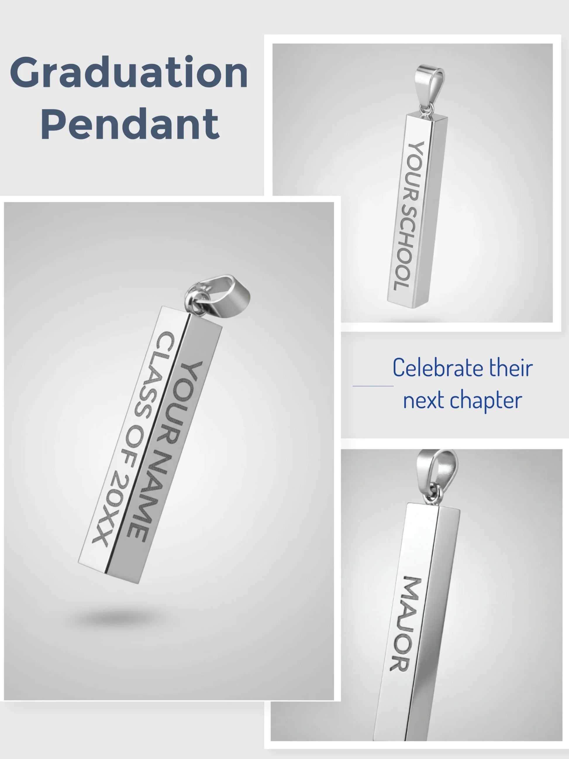 Customizable silver graduation pendant with engravings for name, school, class year, and major