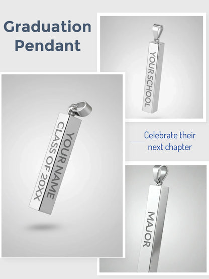 Customizable silver graduation pendant with engravings for name, school, class year, and major