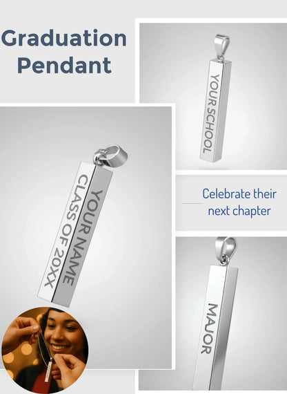 Customizable silver graduation pendant necklace with options for name, school, year, and major