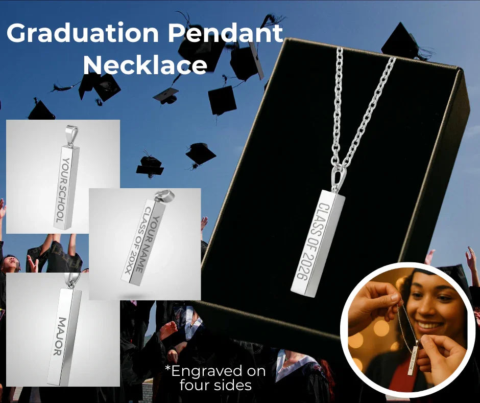 Graduation pendant necklace with customizable engraving on four sides, shown with class caps thrown in sky