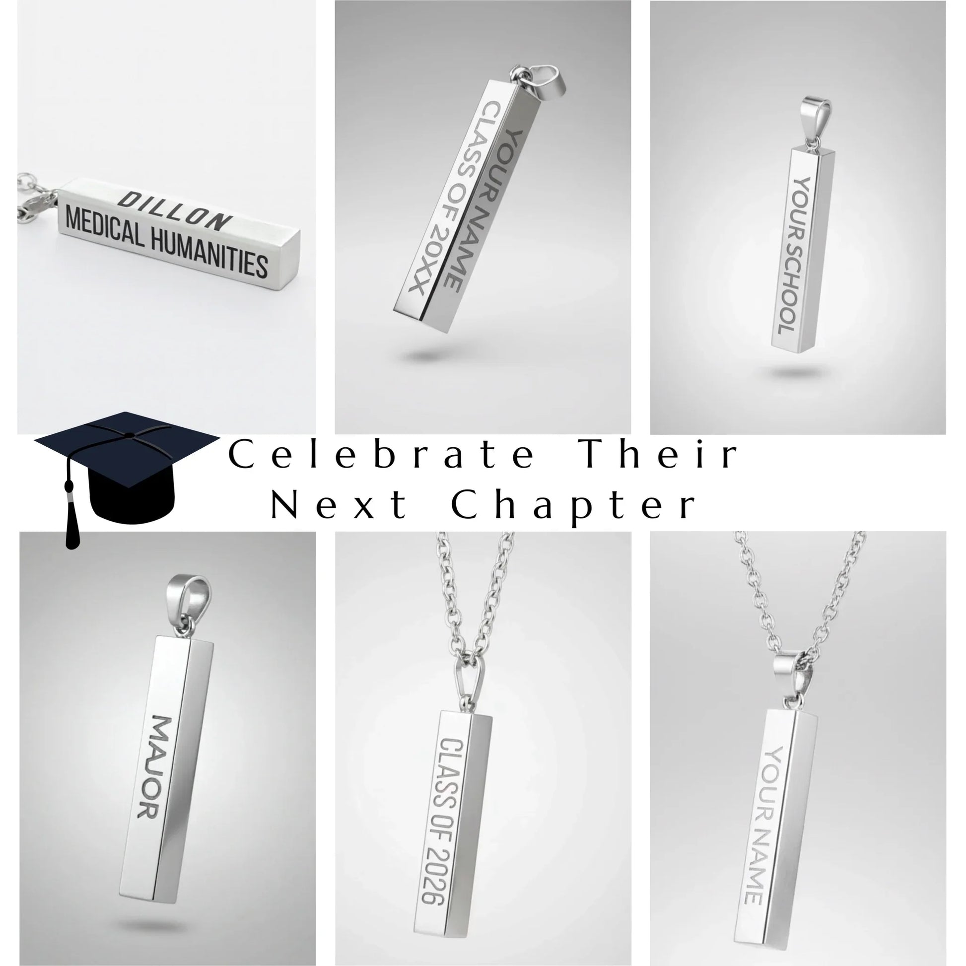 Customizable silver graduation bar necklaces engraved with name, major, school, and graduation year