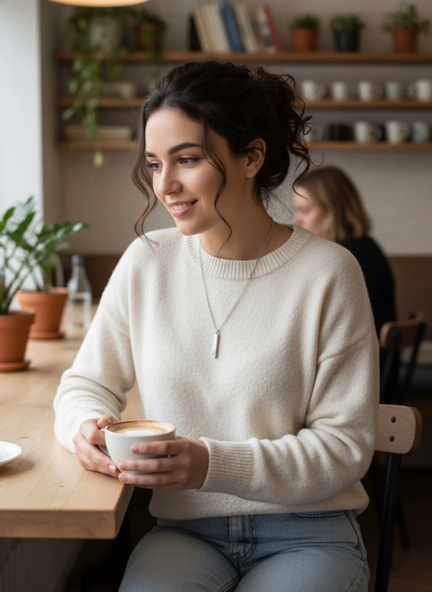 Young woman in white sweater holding cup of coffee in cozy cafe with plants and shelves