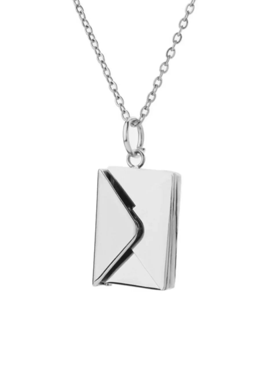 silver envelope pendant necklace with fine link chain on white background