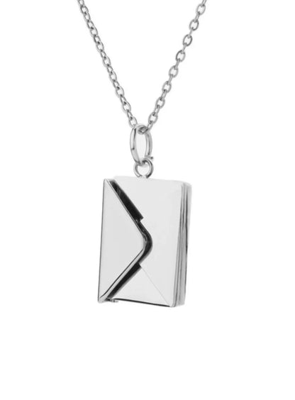 silver envelope pendant necklace with fine link chain on white background