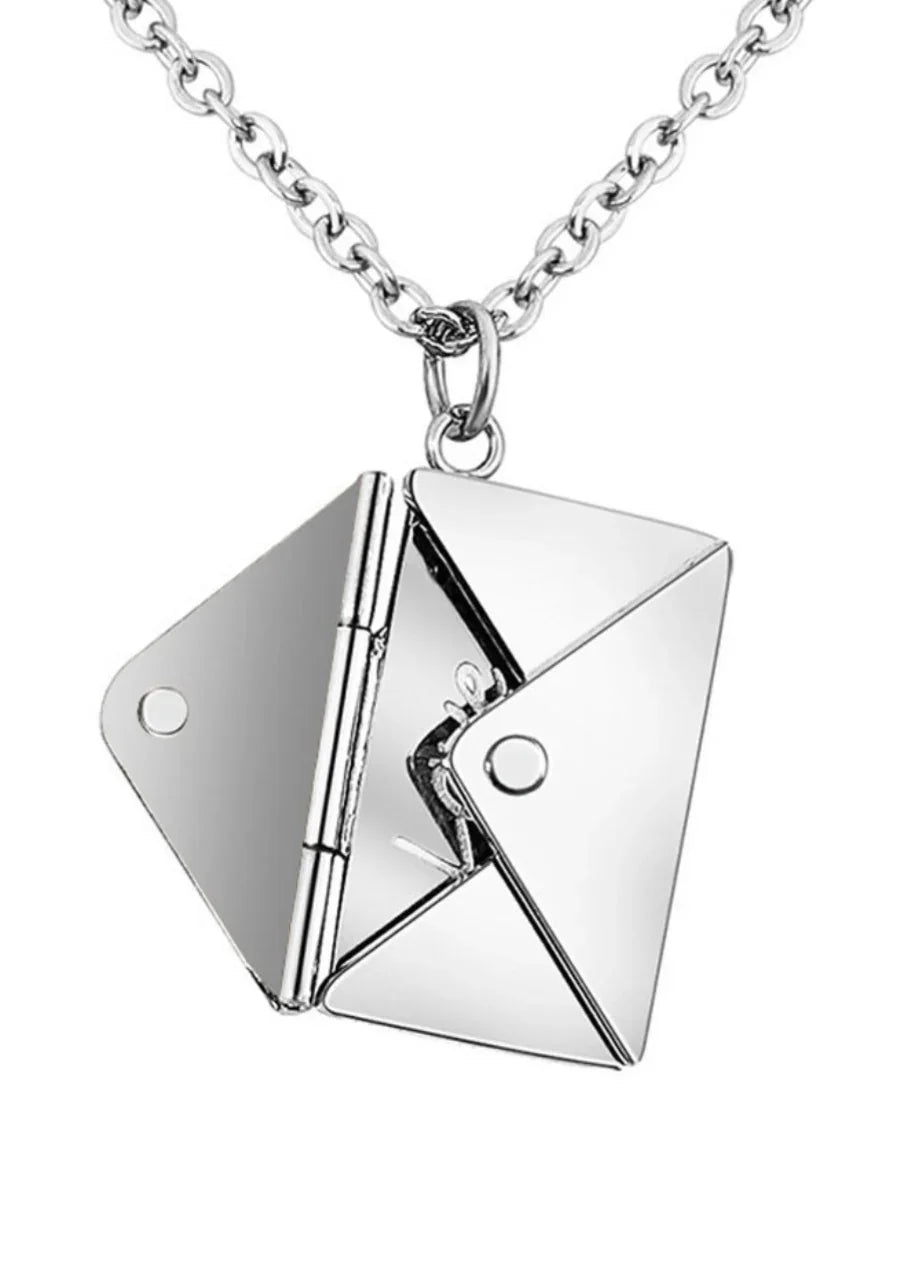 Silver envelope locket pendant necklace with chain on white background