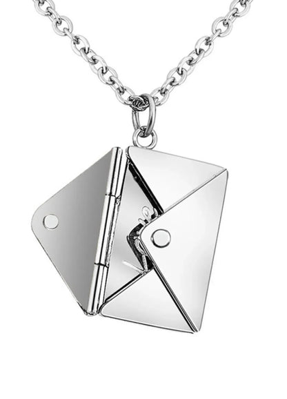 Silver envelope locket pendant necklace with chain on white background