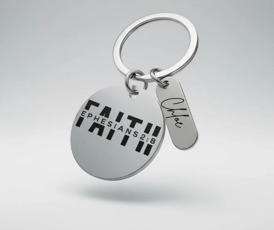 Silver keychain with round tag inscribed FAITH EPHESIANS 2:8 and small tag engraved with Chloe
