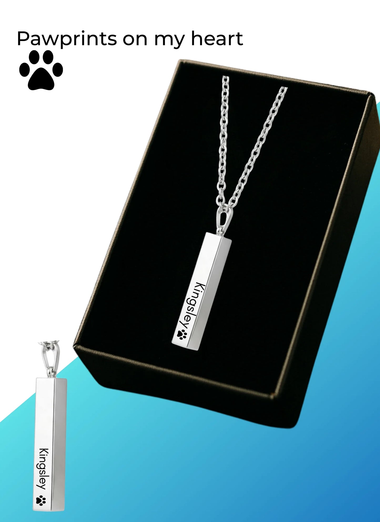 Silver vertical bar necklace engraved with name Kingsley and paw print in black gift box