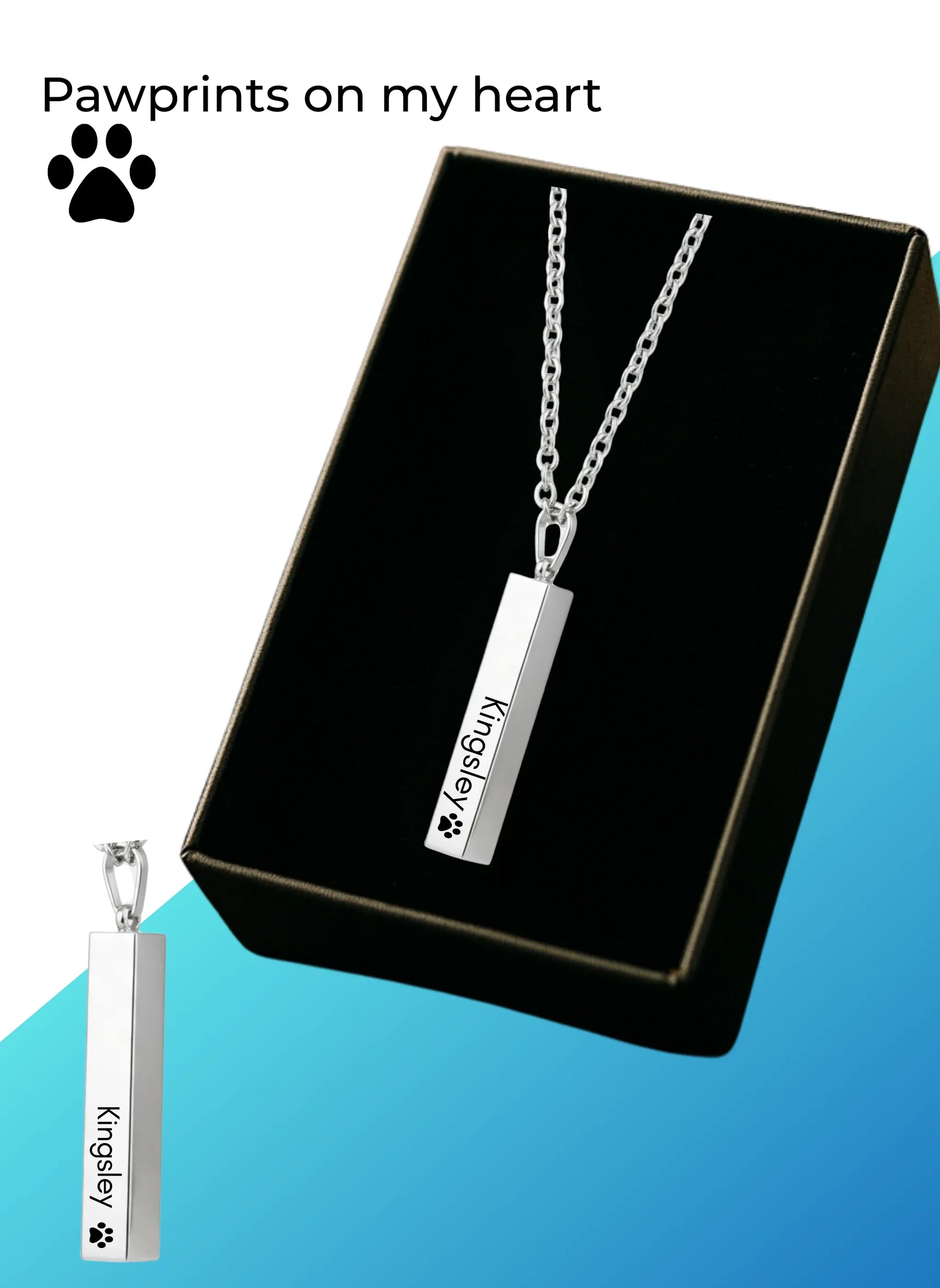 Silver vertical bar necklace engraved with name Kingsley and paw print in black gift box
