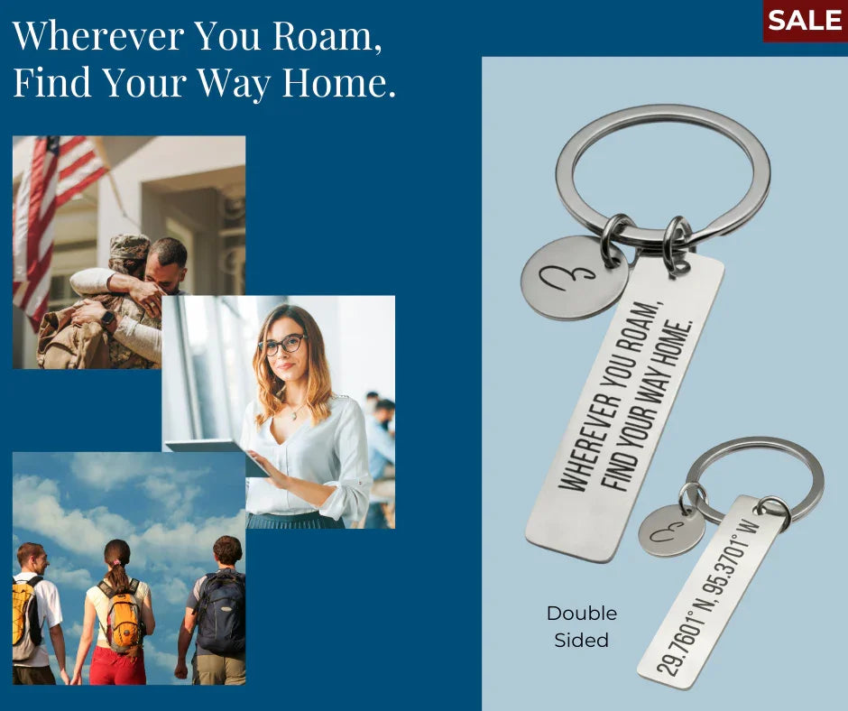 Silver double-sided keychain engraved with "Wherever You Roam, Find Your Way Home" and GPS coordinates on blue background